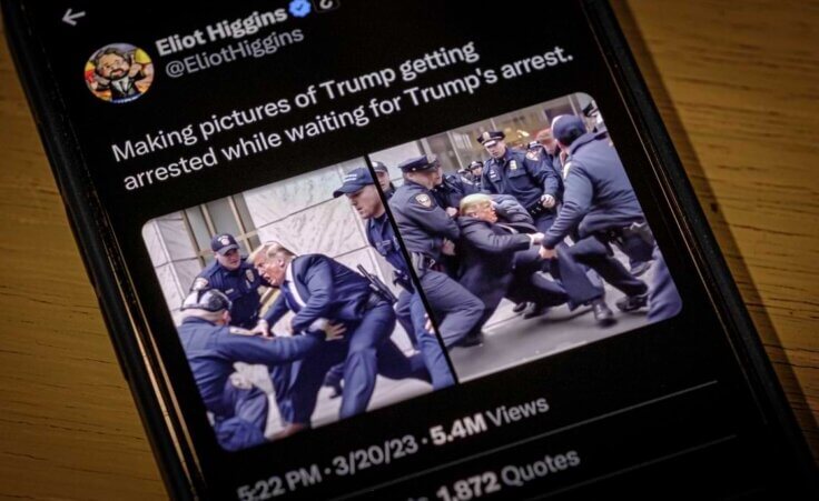 Images created by Eliot Higgins with the use of artificial intelligence show a fictitious skirmish with Donald Trump and New York City police officers posted on Higgins' Twitter account, as photographed on an iPhone in Arlington, Va., Thursday, March 23, 2023. The highly detailed, sensational images, which are not real, were produced using a sophisticated and widely accessible image generator. (AP Photo/J. David Ake)