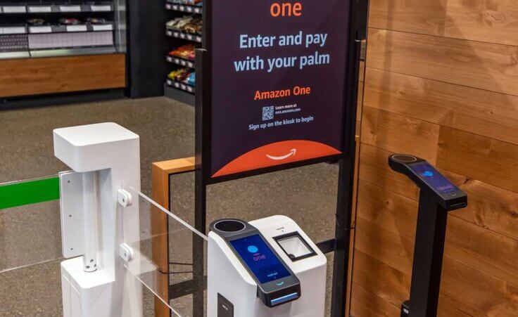 An Amazon Go store in Seattle features a sign stating: "Enter and pay with your palm." Panera Bread is testing similar palm-scanning technology. © By Rocky Grimes/stock.adobe.com