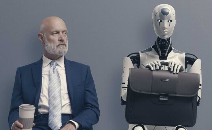 An AI robot sits with a briefcase in its lap next to a man in a suit, both of them waiting for a job interview. Elon Musk and 1000 tech experts are calling for an AI moratorium of 6 months. © By stokkete/stock.adobe.com
