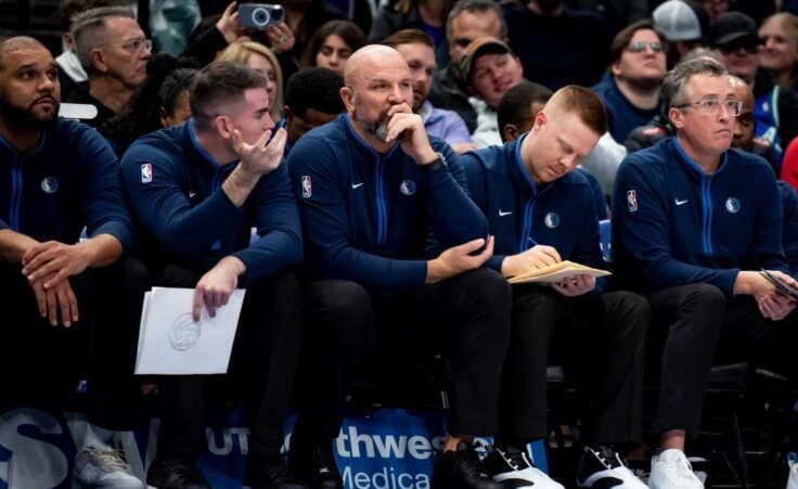 Dallas Mavericks Head Coach Jason Kidd watches his players from the bench in the first half of an NBA game against the Cleveland Cavaliers in Dallas, Texas, Wednesday, Dec. 14, 2022. (AP Photo/Emil Lippe)