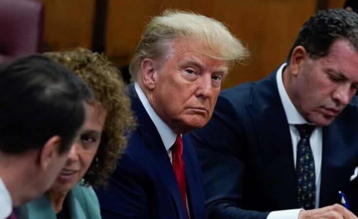 Former President Donald Trump appears in court for his arraignment, Tuesday, April 4, 2023, in New York. Trump surrendered to authorities ahead of his arraignment on criminal charges stemming from a hush money payment to a porn actor during his 2016 campaign. (Timothy A. Clary/Pool Photo via AP)