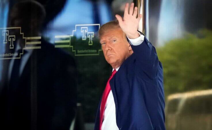 Former President Donald Trump arrives at Trump Tower in New York, Monday, April 3, 2023. Trump is expected to be booked and arraigned the following day on charges arising from hush money payments during his 2016 campaign. (AP Photo/Bryan Woolston)
