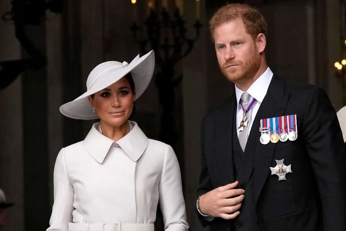 Prince Harry and Meghan Markle, Duke and Duchess of Sussex leave after a service of thanksgiving for the reign of Queen Elizabeth II at St Paul's Cathedral in London, Friday, June 3, 2022.