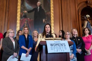 House Republican Conference Chair Elise Stefanik, R-N.Y., speaks as GOP women members hold an event before the vote to prohibit transgender women and girls from playing on sports teams that match their gender identity, at the Capitol in Washington, Thursday, April 20, 2023. The Protection of Women and Girls in Sports Act of 2023 would amend Title IX, the federal education law that bars sex-based discrimination, to define sex as based solely on a person's reproductive biology and genetics at birth. (AP Photo/J. Scott Applewhite)