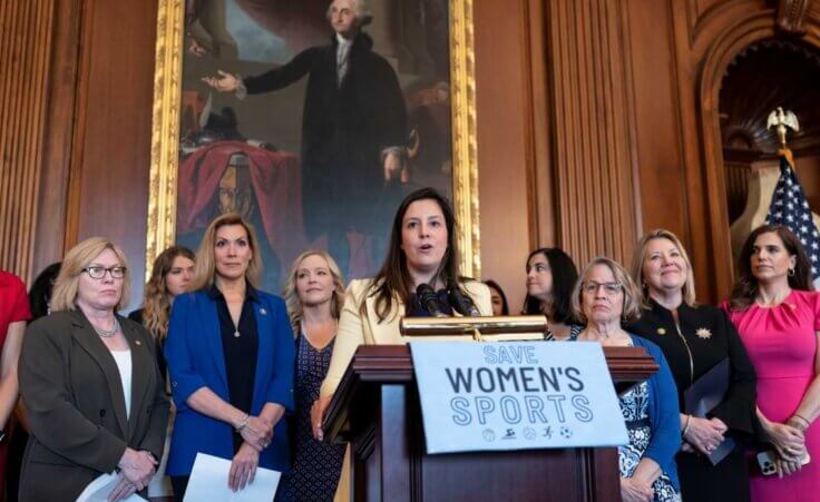 House Republican Conference Chair Elise Stefanik, R-N.Y., speaks as GOP women members hold an event before the vote to prohibit transgender women and girls from playing on sports teams that match their gender identity, at the Capitol in Washington, Thursday, April 20, 2023. The Protection of Women and Girls in Sports Act of 2023 would amend Title IX, the federal education law that bars sex-based discrimination, to define sex as based solely on a person's reproductive biology and genetics at birth. (AP Photo/J. Scott Applewhite)