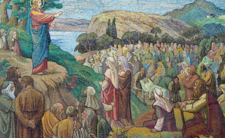 A mosaic from a church in Prague, Czech Republic depicts Jesus delivering his Sermon on the Mount. Artwork by S. G. Rudl. © By Renáta Sedmáková/stock.adobe.com