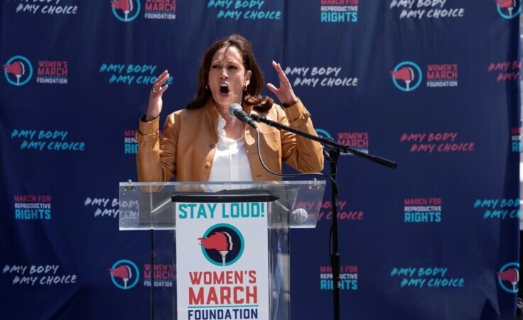 Vice President Kamala Harris gives remarks at the Women's March in Los Angeles Saturday, Apr. 15, 2023. Nationwide rallies come after the U.S. Supreme Court intervened Friday to delay rule changes that would have limited the way the abortion drug mifepristone could be used and dispensed, to give itself more time to review the matter more thoroughly. (AP Photo/Damian Dovarganes)