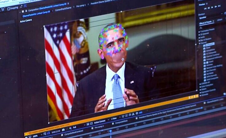This image made from video of a fake video featuring former President Barack Obama shows elements of facial mapping used in new technology that lets anyone make videos of real people appearing to say things they've never said. There is rising concern that U.S. adversaries will use new technology to make authentic-looking videos to influence political campaigns or jeopardize national security.