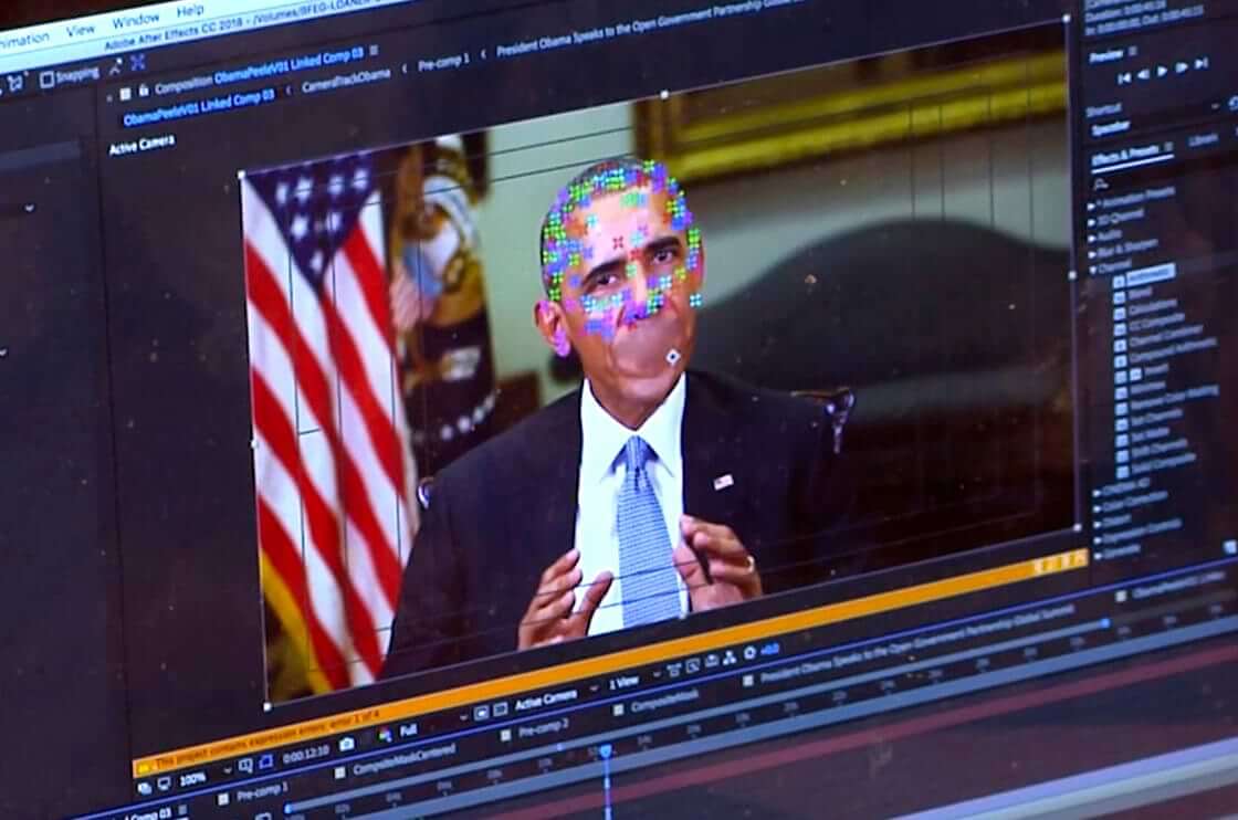 This image made from video of a fake video featuring former President Barack Obama shows elements of facial mapping used in new technology that lets anyone make videos of real people appearing to say things they've never said. There is rising concern that U.S. adversaries will use new technology to make authentic-looking videos to influence political campaigns or jeopardize national security.