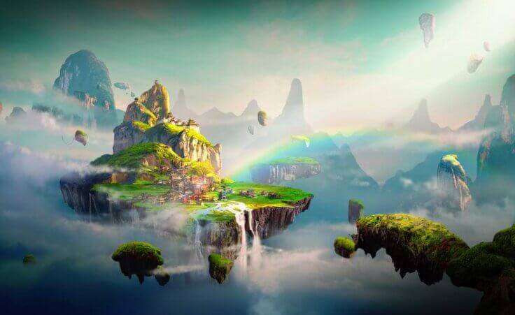 Fantasy video game world with floating islands