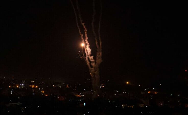 Rockets are fired by Palestinian militants toward Israel, in Gaza City, Wednesday, May 3, 2023. The Israeli military says that Palestinian militants in Gaza have fired a barrage of rockets following the death of Khader Adnan, a high-profile Palestinian prisoner in Israeli custody after a nearly three-month-long hunger strike.