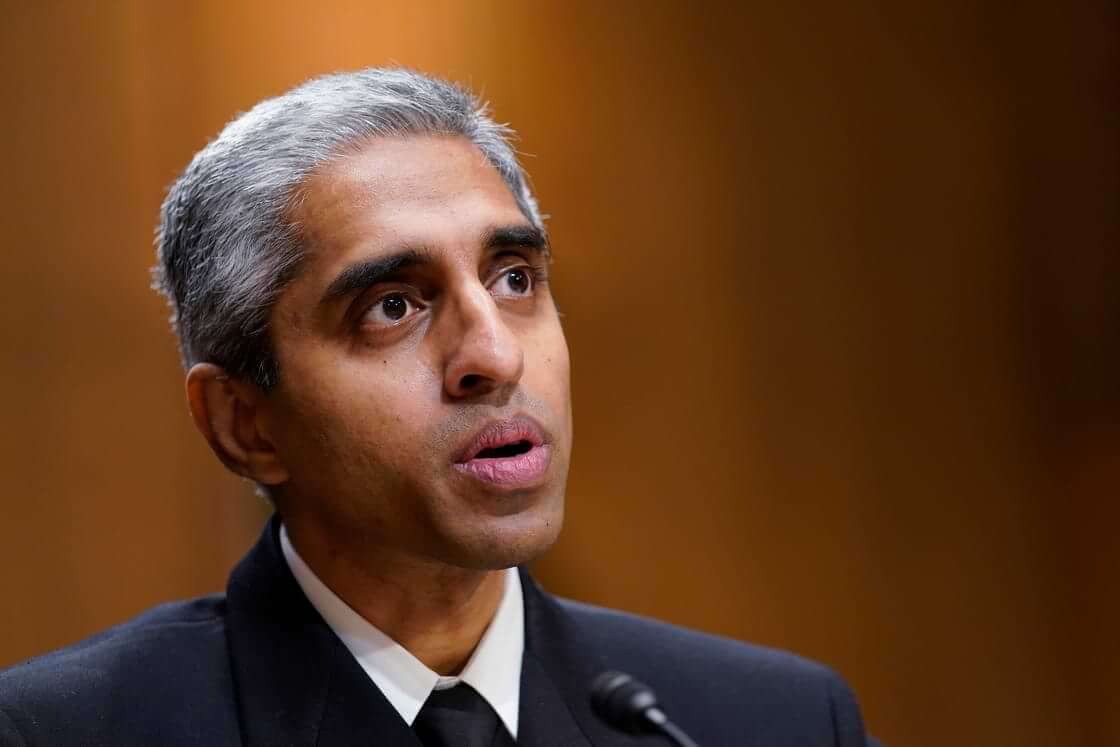 U.S. Surgeon General Dr. Vivek Murthy testifies before the Senate Finance Committee on Capitol Hill in Washington, on Feb. 8, 2022. The Surgeon General is warning there is not enough evidence to show that social media is safe for young people — and is calling on tech companies, parents and caregivers to take "immediate action to protect kids now."