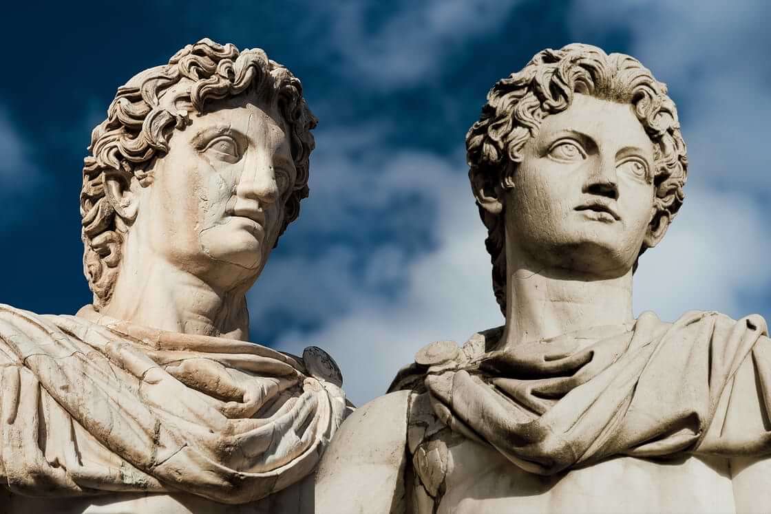 Marble statues of Castor and Pollux, "the twin gods as a figurehead" described in Acts 28:11. Composited image of © Only Fabrizio and crisfotolux /stock.adobe.com