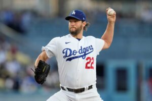 Los Angeles Dodgers starting pitcher Clayton Kershaw (22) throws during the first inning of a baseball game against the Minnesota Twins in Los Angeles, Tuesday, May 16, 2023. (AP Photo/Ashley Landis)