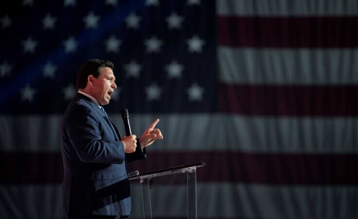 FILE - Florida Gov. Ron DeSantis addresses attendees during the Turning Point USA Student Action Summit, July 22, 2022, in Tampa, Fla. (AP Photo/Phelan M. Ebenhack, File)