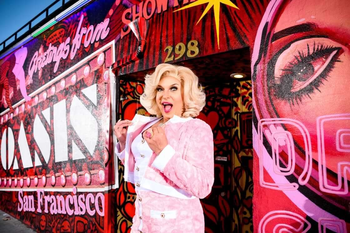 D'Arcy Drollinger stands for a portrait outside Oasis nightclub Tuesday, May 16, 2023, in San Francisco. Drollinger will serve as San Francisco's first drag laureate, a paid position created to advocate for the LGBTQ community. (AP Photo/Noah Berger)