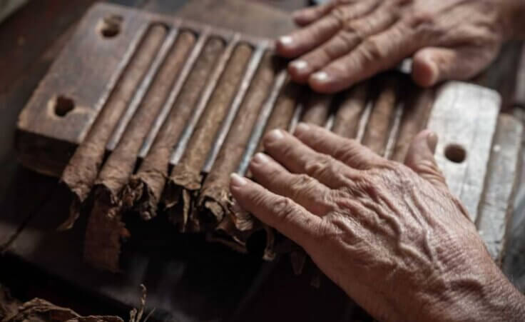 Two hands roll multiple Cuban cigars in a wooden mold created to hold 10 cigars. © By Arsgera/stock.adobe.com