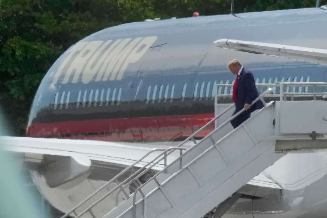 Former President Donald Trump arrives at Miami International Airport, Monday, June 12, 2023. (AP Photo/Rebecca Blackwell)