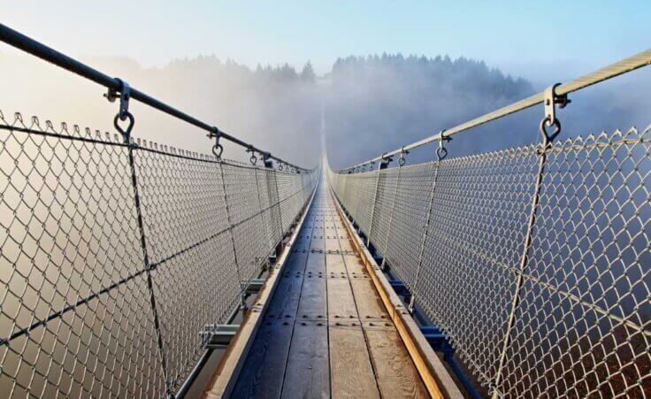 A long and harrowing bridge illustrates "the path to courage" from Russell Moore's book The Courage to Stand. © By mitifoto/stock.adobe.com