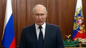 In this photo taken from video, Russian President Vladimir Putin delivers his address to the nation in Moscow, Russia, Monday, June 26, 2023. (Russian Presidential Press Service via AP)