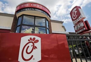 FILE - This July 19, 2012, file photo, shows a Chick-fil-A fast food restaurant in Atlanta, GA. (AP Photo/Mike Stewart, File). Some Christians are threatening to boycott the fast-food chain for its DEI policy.