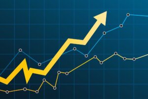 A line chart with a yellow arrow zigzagging up and down, ultimately trending up, an illustration of a recent Gallup poll that says more Americans ascribe to social conservatism than are liberal or moderate. © By Eightshot Studio/stock.adobe.com