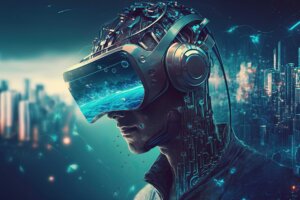 Robotic person using VR headset in a futuristic world