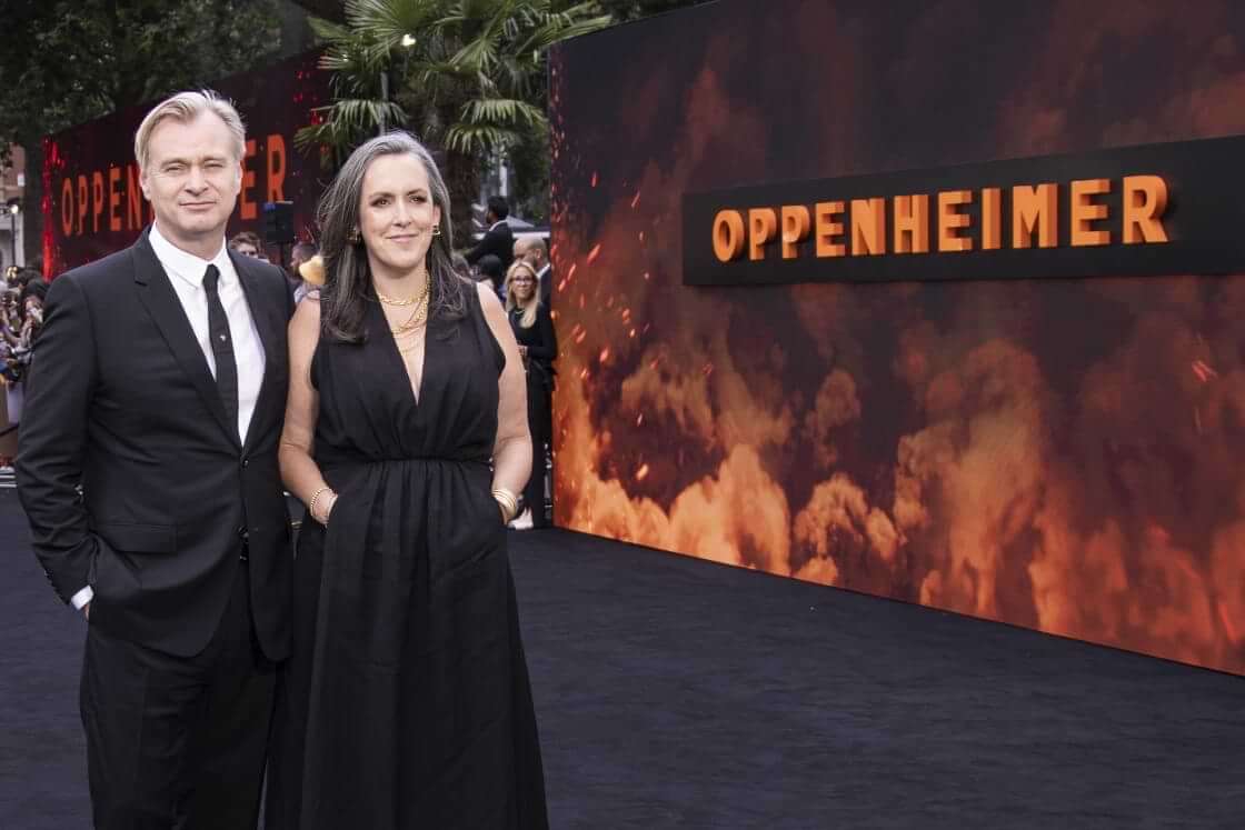 Director Christopher Nolan, left, and producer Emma Thomas pose for photographers upon arrival at the premiere for the film 'Oppenheimer' on Thursday, July 13, 2023 in London. (Vianney Le Caer/Invision/AP)