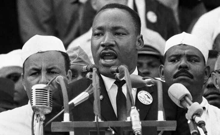 FILE - Martin Luther King Jr., head of the Southern Christian Leadership Conference, addresses marchers during his "I Have a Dream," speech at the Lincoln Memorial in Washington, Aug. 28, 1963. (AP Photo/File)