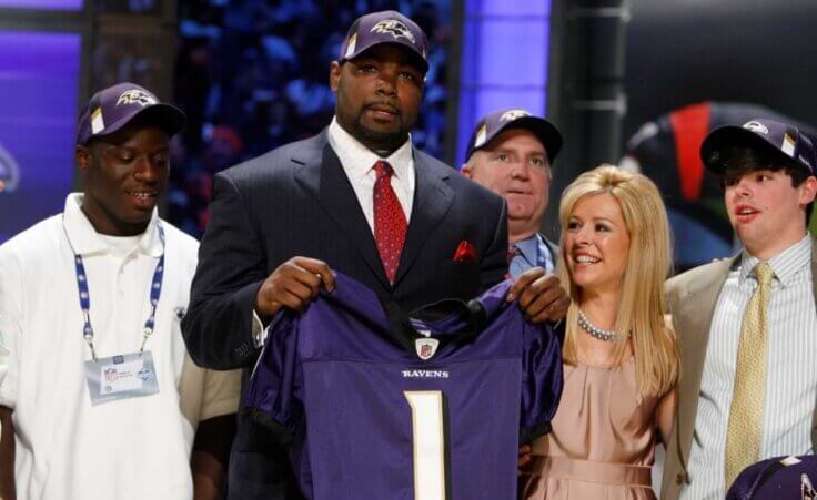 Michael Oher, a tackle from Mississippi, is selected as the No. 26th overall pick by the Baltimore Ravens during the first round of the NFL football draft at Radio City Music Hall Saturday, April 25, 2009, in New York. (AP Photo/Jason DeCrow)