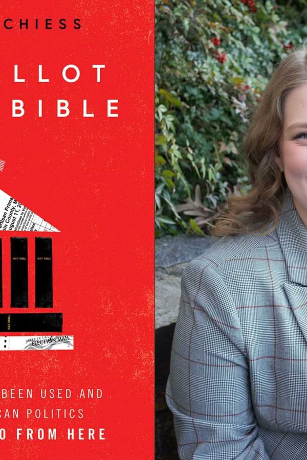 The book cover for "The Ballot and the Bible" appears next to its author's photo, Kaitlyin Schiess. Images courtesy of Brazos Press. Author photo by Kendra Sharrad.