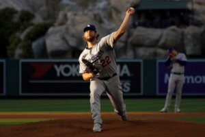 Los Angeles Dodgers starting pitcher Clayton Kershaw (22) throws during the first inning of a baseball game against the Los Angeles Angels in Anaheim, Calif., Tuesday, June 20, 2023. (AP Photo/Ashley Landis). Kershaw took part in the Dodgers recent Christian Faith and Family Day.