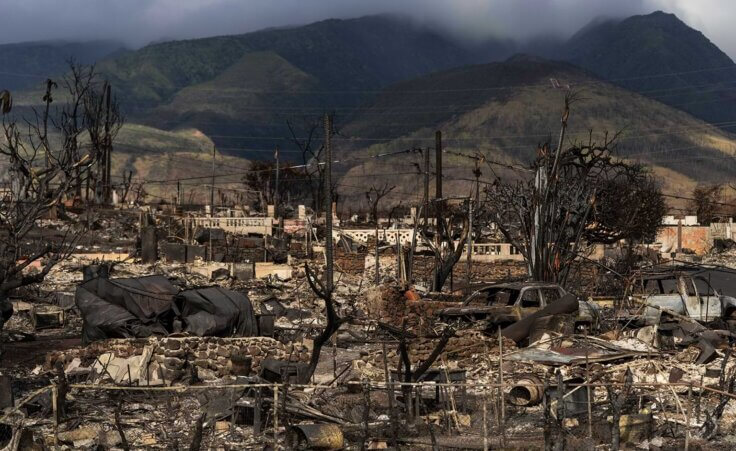 A general view shows the aftermath of a wildfire in Lahaina, Hawaii, Monday, Aug. 21, 2023. (AP Photo/Jae C. Hong)