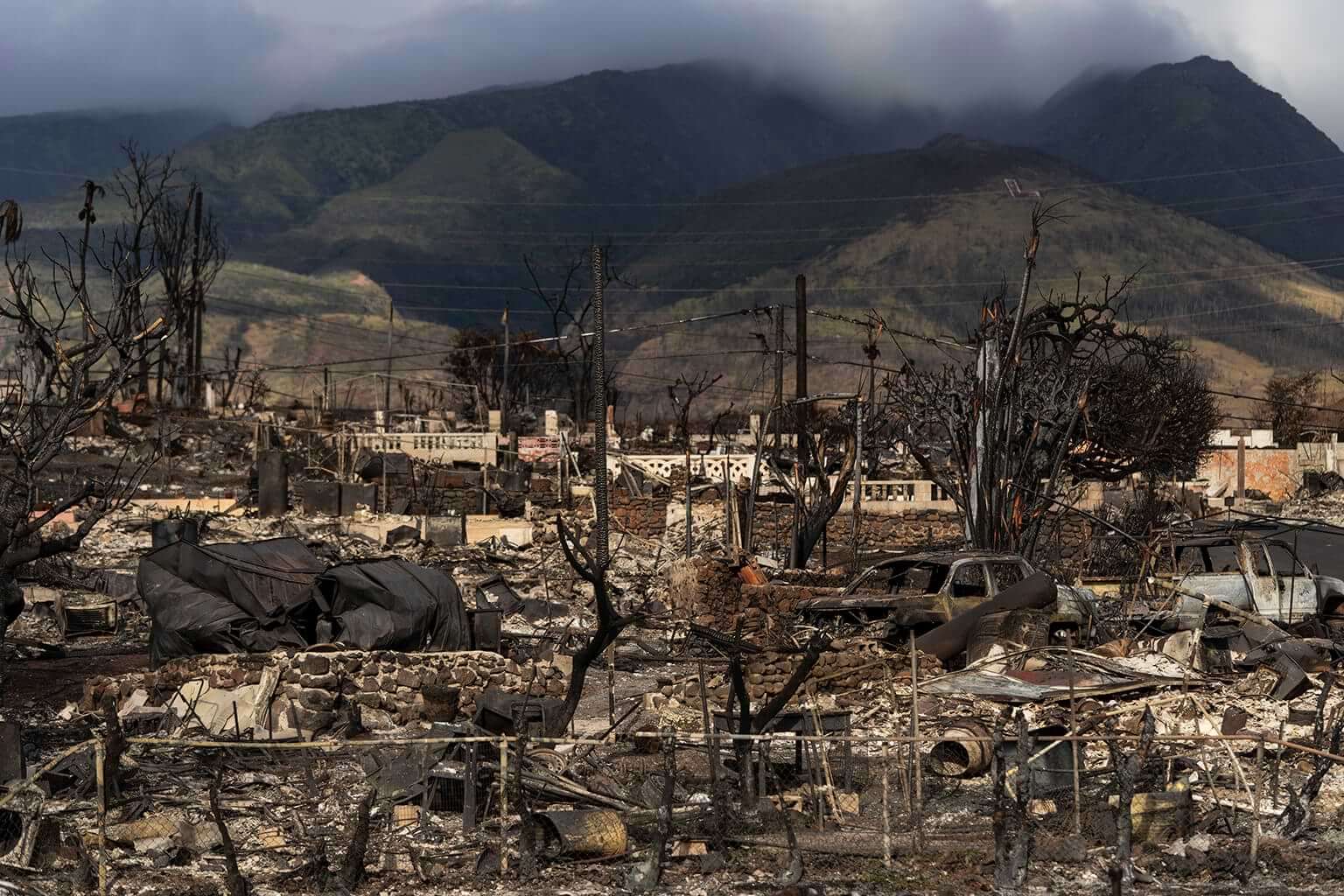 A general view shows the aftermath of a wildfire in Lahaina, Hawaii, Monday, Aug. 21, 2023. (AP Photo/Jae C. Hong)