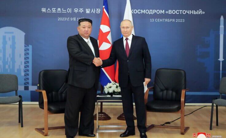 In this photo provided by the North Korean government, North Korean leader Kim Jong Un, left, and Russian President Vladimir Putin shake hands before their talk at the Vostochny cosmodrome outside the city of Tsiolkovsky, about 200 kilometers (125 miles) from the city of Blagoveshchensk in the far eastern Amur region, Russia, Wednesday, Sept. 13, 2023. (Korean Central News Agency/Korea News Service via AP)