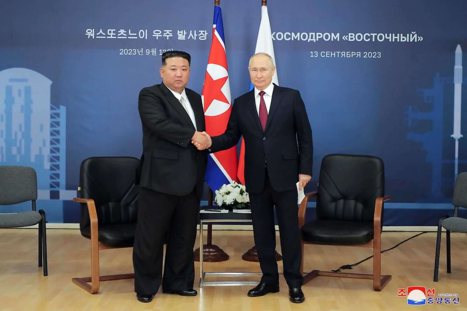 In this photo provided by the North Korean government, North Korean leader Kim Jong Un, left, and Russian President Vladimir Putin shake hands before their talk at the Vostochny cosmodrome outside the city of Tsiolkovsky, about 200 kilometers (125 miles) from the city of Blagoveshchensk in the far eastern Amur region, Russia, Wednesday, Sept. 13, 2023. (Korean Central News Agency/Korea News Service via AP)