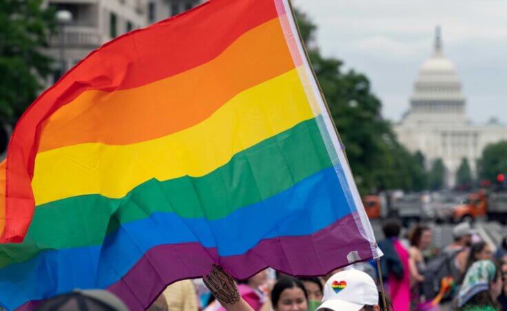 FILE - With the U.S. Capitol in the background, a person waves a rainbow flag as they participant in a rally in support of the LGBTQIA+ community at Freedom Plaza, Saturday, June 12, 2021, in Washington. (AP Photo/Jose Luis Magana, File). A leaked Department of Veterans Affairs training video instructs staff to confirm that men can get pregnant.