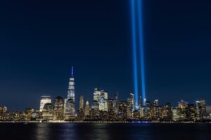 Tribute in Light, two vertical columns of light representing the fallen towers of the World Trade Center shine against the lower Manhattan skyline on the 19th anniversary of the September 11, 2001 terror attacks, seen from Jersey City, N.J., Friday, Sept. 11, 2020. (AP Photo/Stefan Jeremiah). Two new 9/11 victims were recently identified.