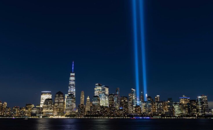 Tribute in Light, two vertical columns of light representing the fallen towers of the World Trade Center shine against the lower Manhattan skyline on the 19th anniversary of the September 11, 2001 terror attacks, seen from Jersey City, N.J., Friday, Sept. 11, 2020. (AP Photo/Stefan Jeremiah). Two new 9/11 victims were recently identified.