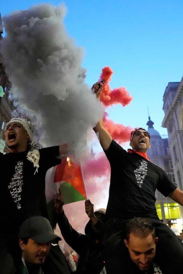Palestinian supporters light flares during a demonstration in London, Monday, Oct. 9, 2023, two days after Hamas fighters launched a multi-front attack on Israel. (AP Photo/Kirsty Wigglesworth, File). Similar demonstrations around the world have revealed an increase in antisemitism.
