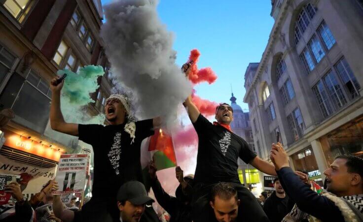 Palestinian supporters light flares during a demonstration in London, Monday, Oct. 9, 2023, two days after Hamas fighters launched a multi-front attack on Israel. (AP Photo/Kirsty Wigglesworth, File). Similar demonstrations around the world have revealed an increase in antisemitism.