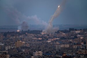 Rockets are fired toward Israel from the Gaza Strip, Wednesday, Oct. 11, 2023. (AP Photo/Fatima Shbair)