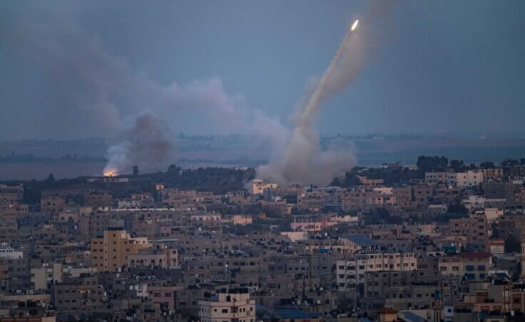 Rockets are fired toward Israel from the Gaza Strip, Wednesday, Oct. 11, 2023. (AP Photo/Fatima Shbair)