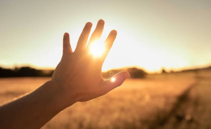 As the sun sets over a field, a hand reaches toward the sun, partially obscuring its rays. By kieferpix/stock.adobe.com.