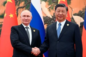 Chinese President Xi Jinping, right, and Russian President Vladimir Putin pose for a photo prior to their talks on the sidelines of the Belt and Road Forum in Beijing, China, on Wednesday, Oct. 18, 2023. (Sergei Guneyev, Sputnik, Kremlin Pool Photo via AP). America is facing the most crises since World War II, according to former US Defense Secretary Bob Gates.