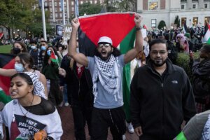 FILE - Palestinian supporters chant as they march during a protest at Columbia University, Thursday, Oct. 12, 2023, in New York. (AP Photo/Yuki Iwamura, File) College antisemitism has been rising since the war began.