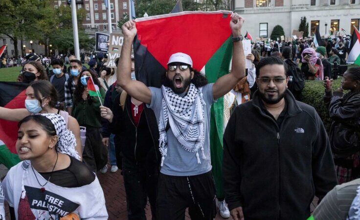 FILE - Palestinian supporters chant as they march during a protest at Columbia University, Thursday, Oct. 12, 2023, in New York. (AP Photo/Yuki Iwamura, File) College antisemitism has been rising since the war began.