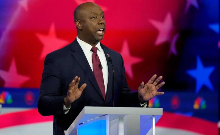 Republican presidential candidate Sen. Tim Scott, R-S.C., speaks during a Republican presidential primary debate hosted by NBC News, Wednesday, Nov. 8, 2023, at the Adrienne Arsht Center for the Performing Arts of Miami-Dade County in Miami. (AP Photo/Rebecca Blackwell)