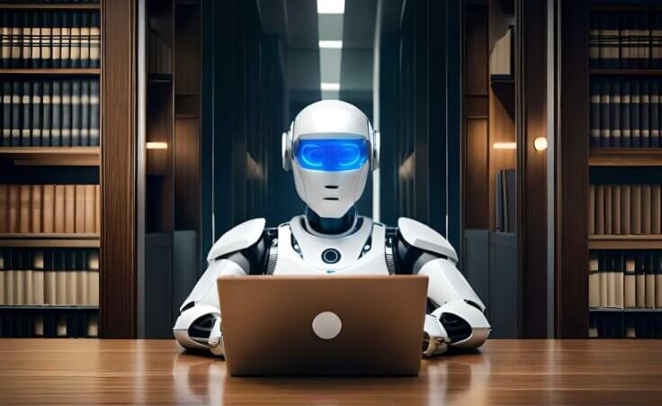 In this AI-generated image, a robot reads a book in a library. By Rafia/stock.adobe.com. Cambridge Dictionary's word of the year 2023 speaks to AI's influence in our lives over the last year.