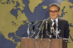 Henry Kissinger at the state dept. after hearing of his winning of the Nobel Prize on Oct. 16, 1973. (AP Photo/JD)
